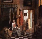 HOOCH, Pieter de Mother Lacing Her Bodice beside a Cradle s oil painting artist